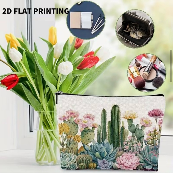 Botanical Cactus & Succulent Cosmetic Pouch - Pink & Green Floral Cacti Bag - Picture 3 of 5